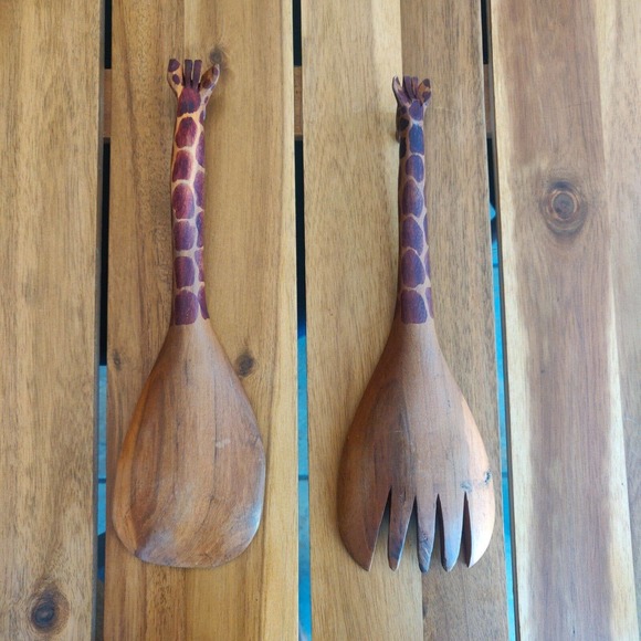 Giraffe Salad Server Set Hand Carved Wooden Spoon and Fork Whimsical Decor. - Picture 2 of 5